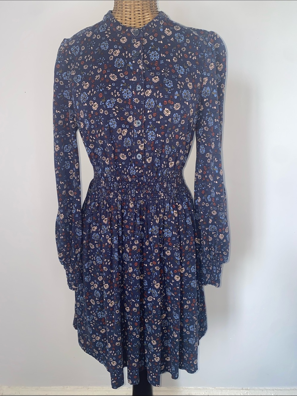 Boden Navy Blue Floral Long Sleeve Smocked Waist Dress